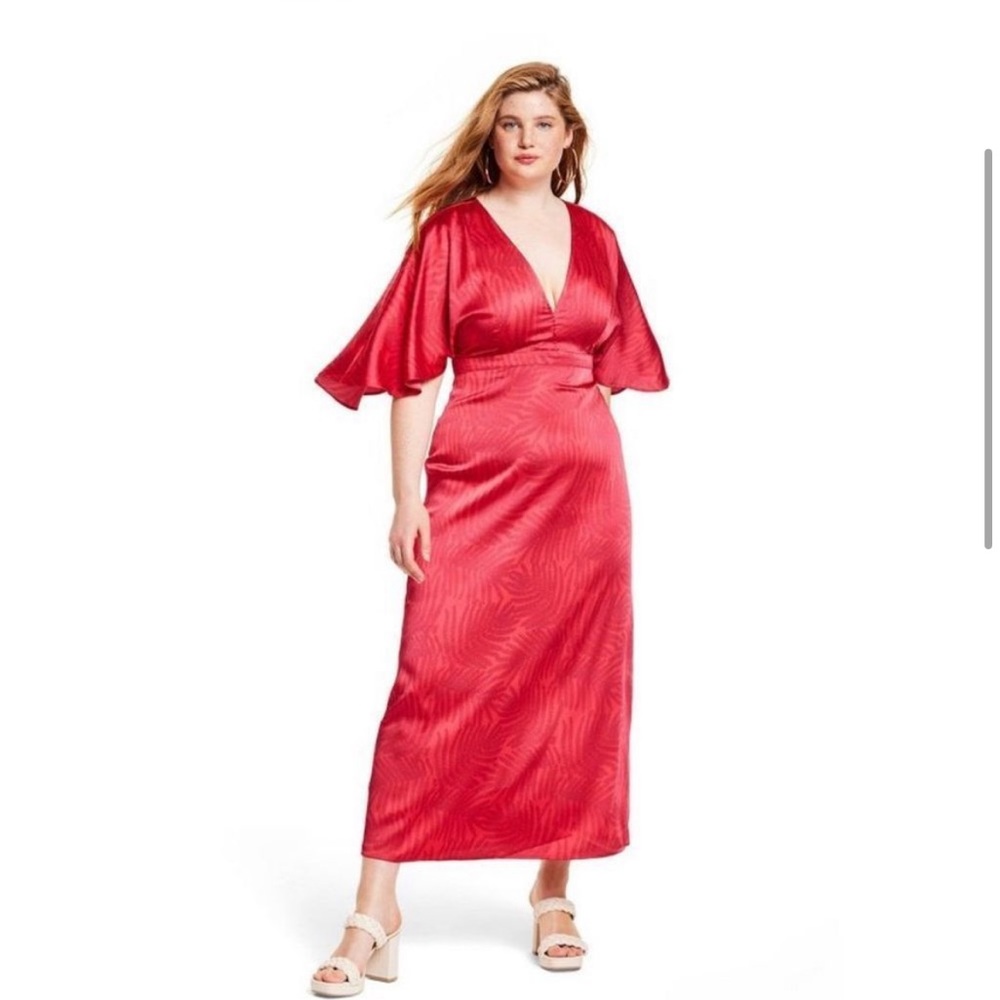 Fe Noel  Palm Leaf Contrast Print Exaggerated
Flutter Sleeve Maxi Dress